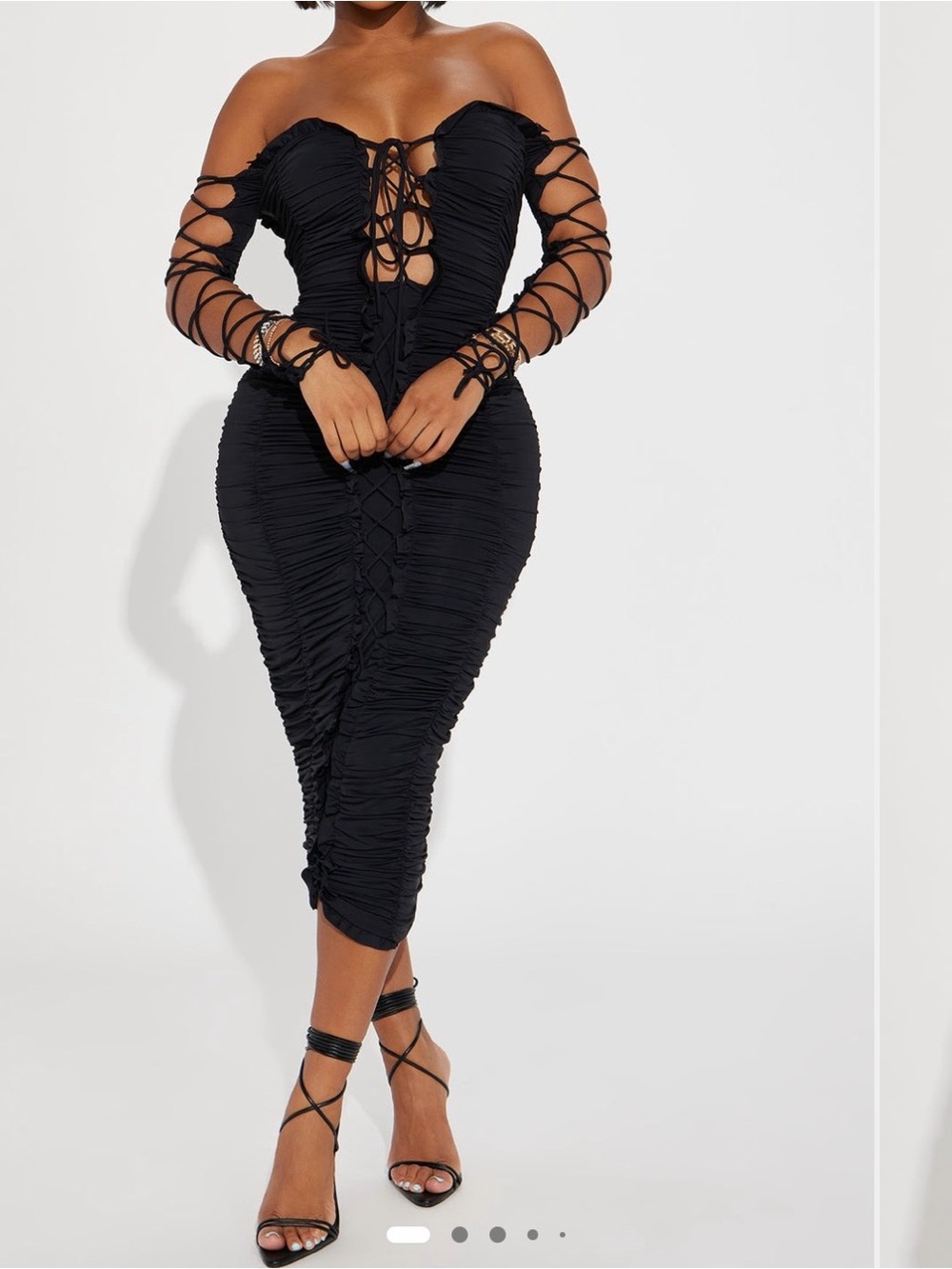 Fashion Nova Black Off-Shoulder Lace-Up Ruched Midi Dress